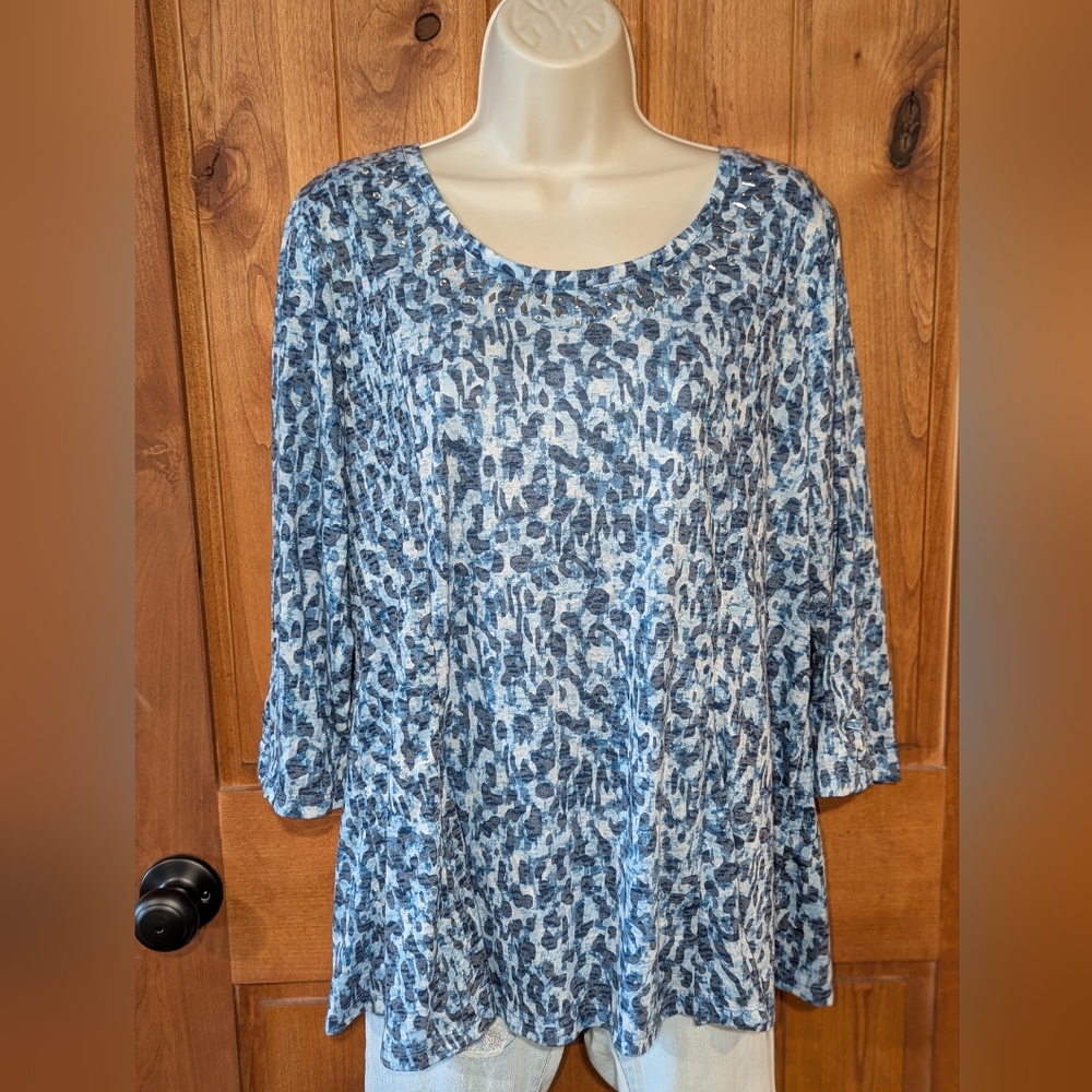 Erika Blue and White Patterned Top With Beading‎ And Lace Up Detail